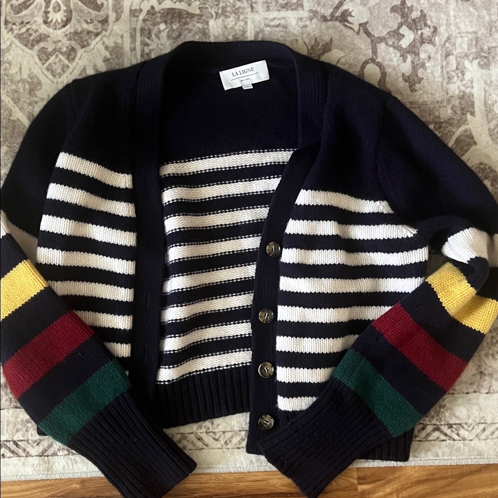 Black and White Striped Cardigan with Colorful Sleeves